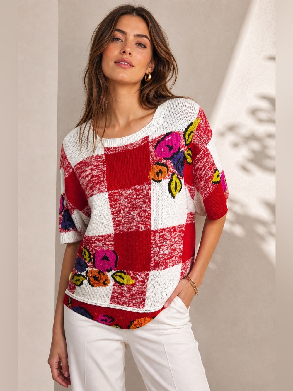 Vintage Colorblock Floral Sweater Tunic Oversized Knit Artwear Cottagecore Boho